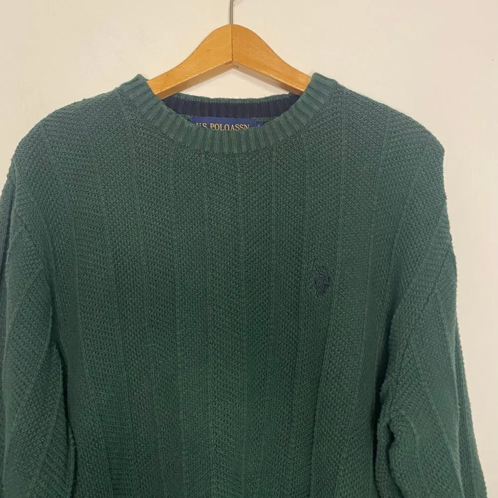 Mens US Polo Assn Green Thick Cable Knit Pullover Sweater Preppy Crew Neck Large